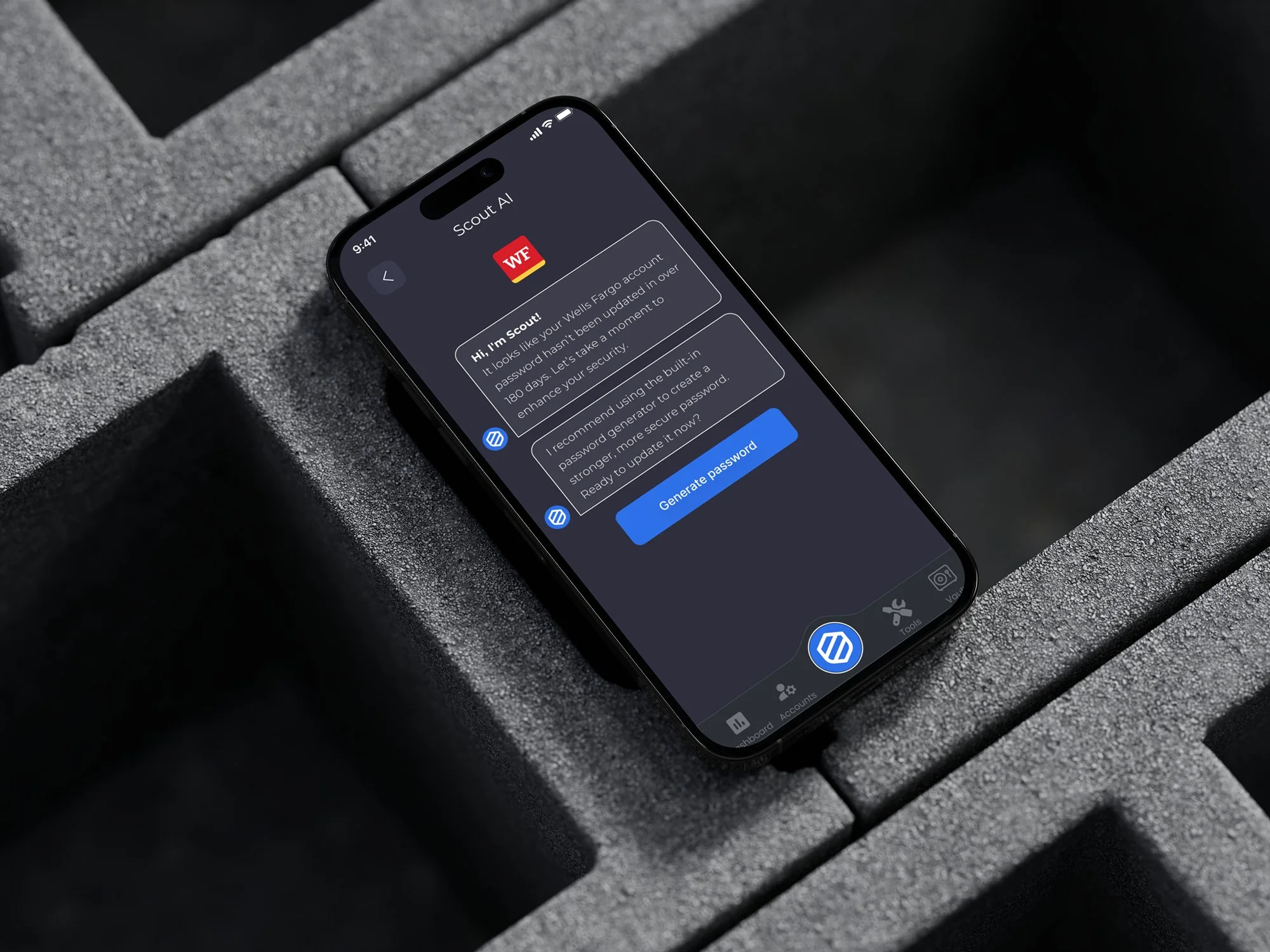 DFend prototype on iPhone 16 mockup laying on concrete blocks